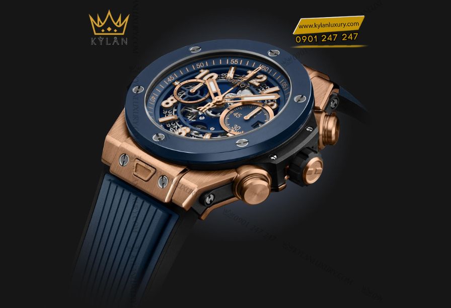 Bộ máy HUB1280 UNICO trong Hublot Big Bang Unico King Gold Blue Ceramic 44mm – chronograph flyback tự động với bánh xe cột và dự trữ năng lượng 72 giờ.