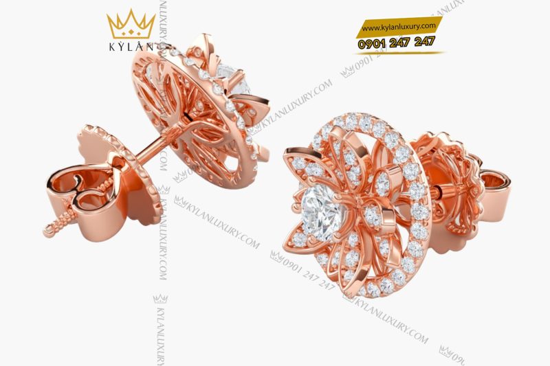 Bông tai vàng hồng nguyên khối Au750 đính kim cương 