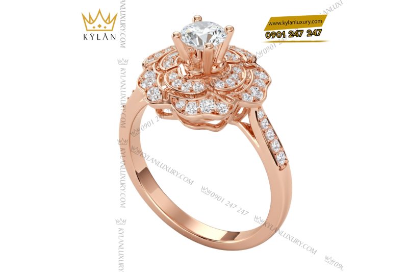 Nhẫn nữ vàng hồng nguyên khối Au750 đính kim cương 