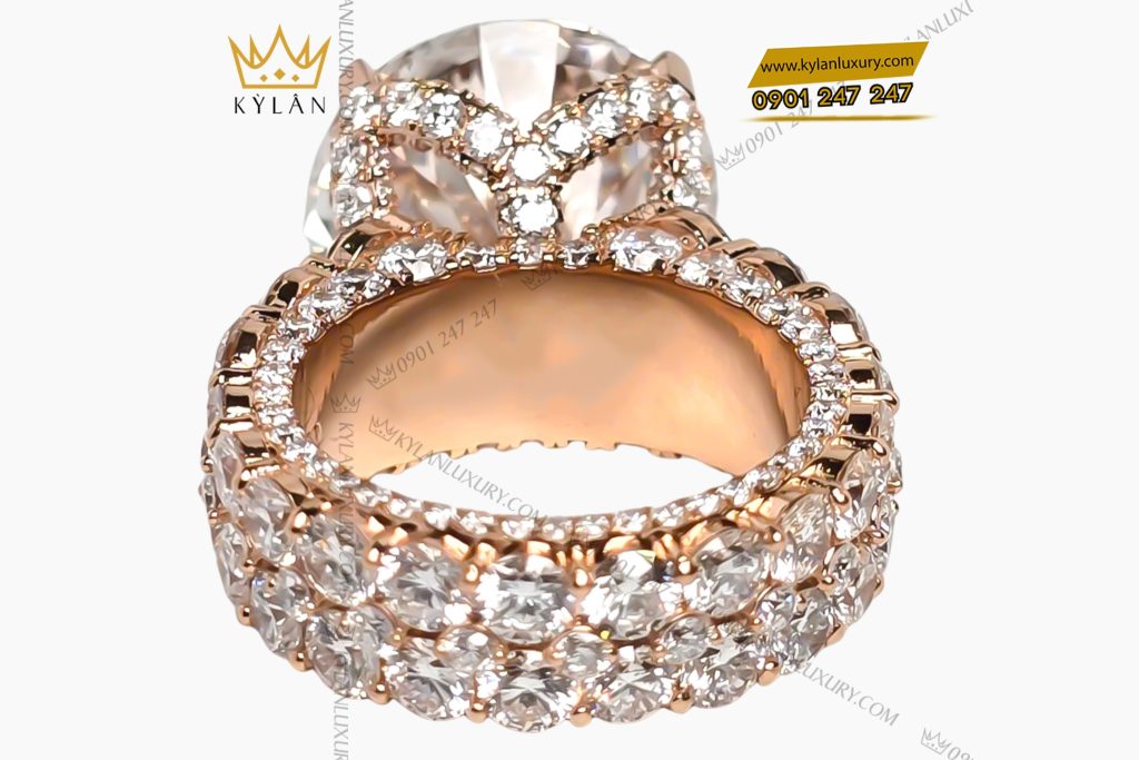 Nhẫn nữ vàng hồng nguyên khối Au750 đính viên kim cương chủ 15ly