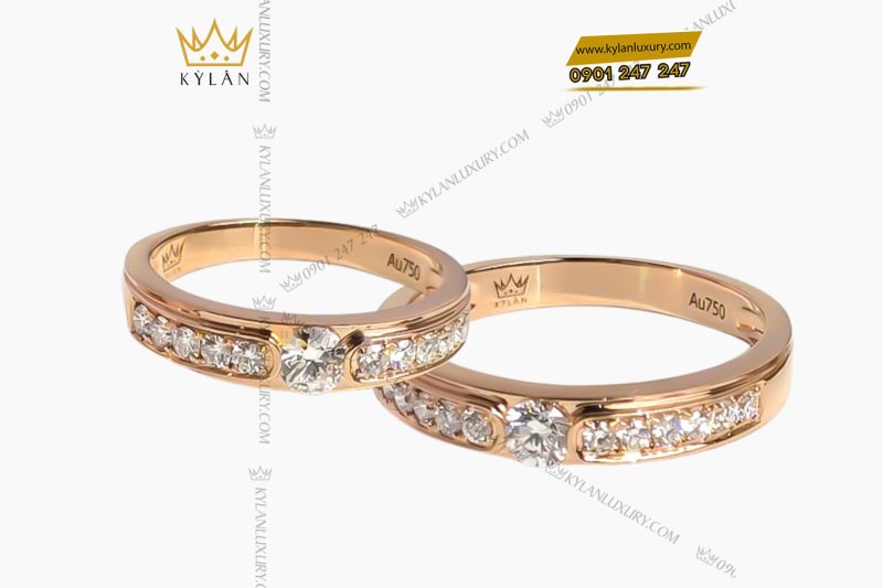 Cặp nhẫn đôi vàng hồng nguyên khối Au750 đính kim cương