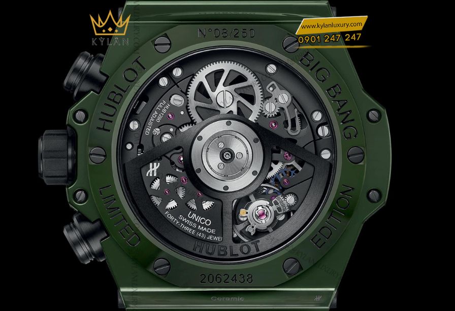 Bộ máy HUB1280 UNICO trong Hublot Big Bang Unico Dark Green Ceramic 42mm – chronograph flyback tự động 72 giờ dự trữ năng lượng.