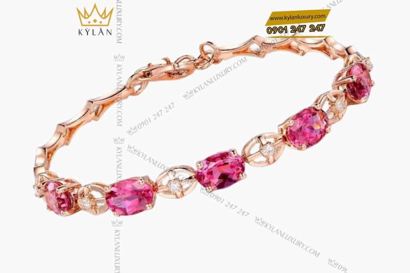 Lắc tay vàng hồng nguyên khối Au750 đính kim cương và đá ruby 