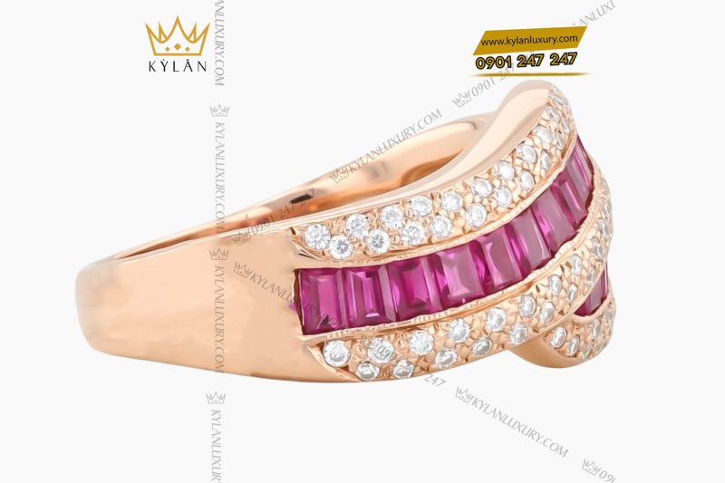 Nhẫn nữ vàng hồng Au750 đính kim cương & ruby hồng