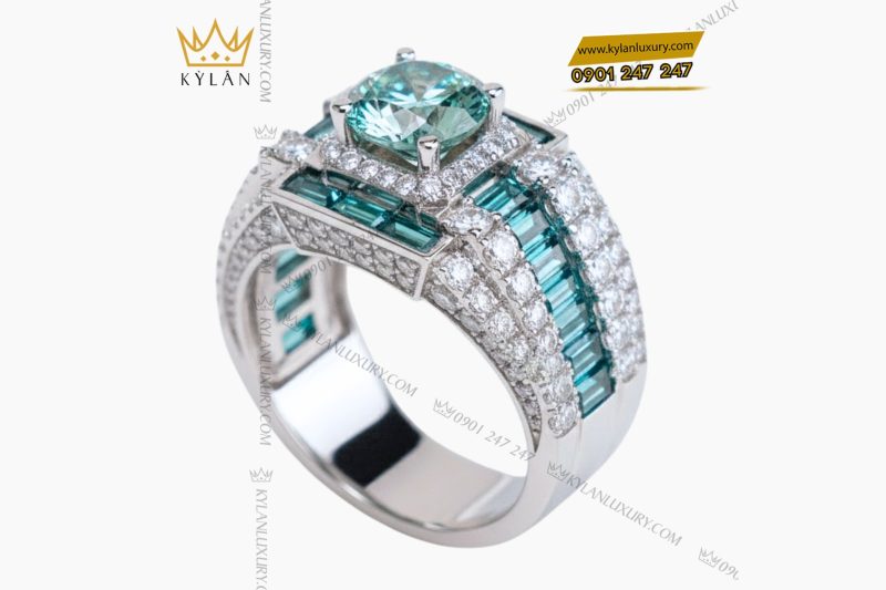 Nhẫn nam vàng trắng nguyên khối Au750 đính kim cương & đá xanh lục