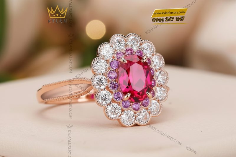 Nhẫn nữ vàng hồng nguyên khối Au750 đính kim cương và đá ruby 