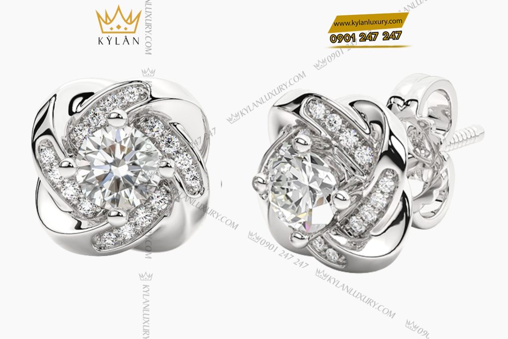 Bông tai vàng trắng Au750 đính kim cương 9 Kỳ Lân Luxury 3 110 Bông tai vàng trắng Au750 đính kim cương
