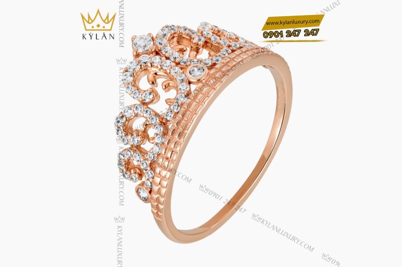 Nhẫn nữ vương miện vàng hồng Au750 đính kim cương