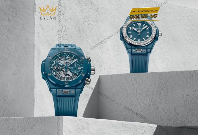 Cận cảnh bộ máy HUB1280 Unico của Hublot Big Bang Unico Petrol Blue Ceramic với cơ chế chronograph flyback và bánh xe cột hiển thị tinh xảo qua mặt kính sapphire