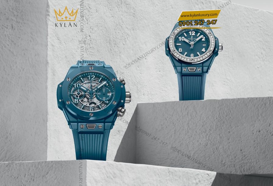 Cận cảnh bộ máy HUB1280 Unico của Hublot Big Bang Unico Petrol Blue Ceramic với cơ chế chronograph flyback và bánh xe cột hiển thị tinh xảo qua mặt kính sapphire