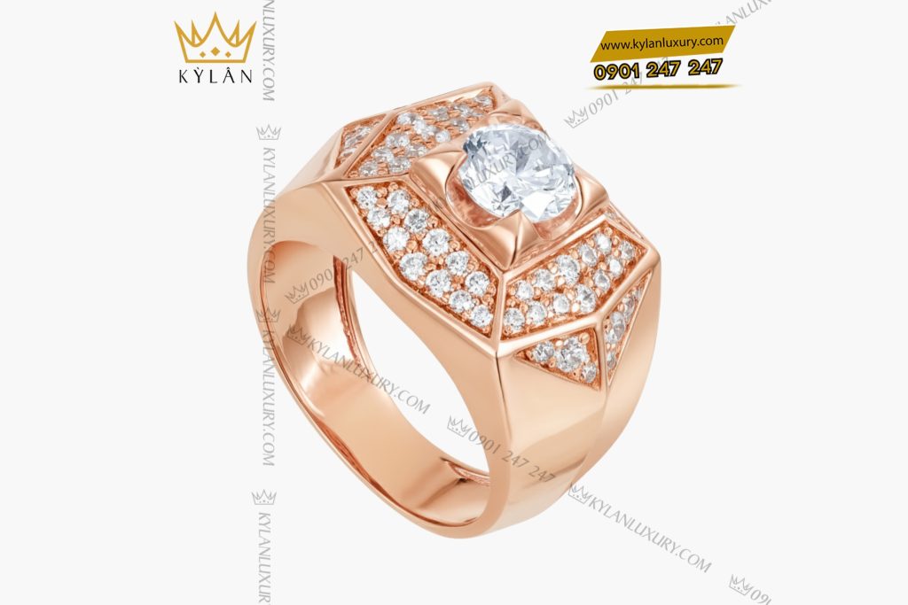 Nhẫn nam vàng hồng nguyên khối Au750 đính kim cương 