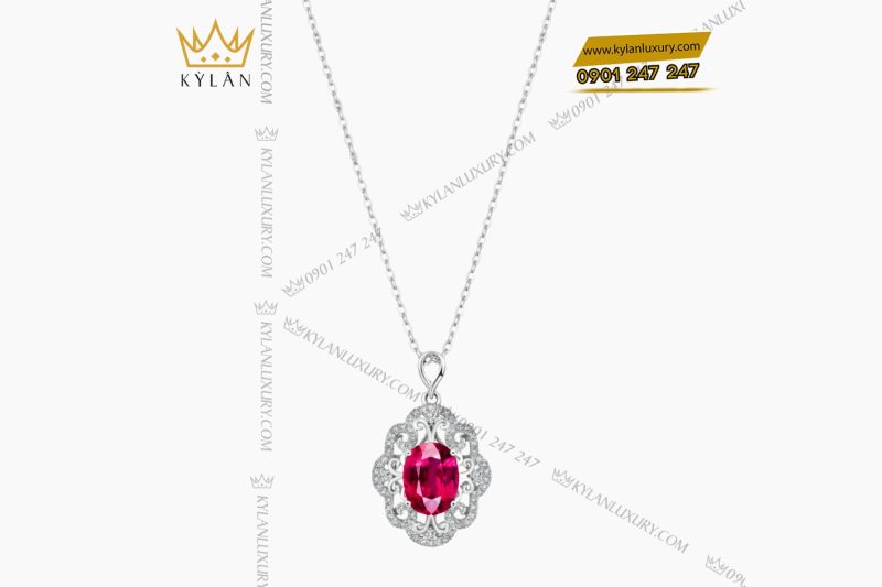 Mặt dây chuyền vàng trắng nguyên khối Au750 đính kim cương và đá ruby