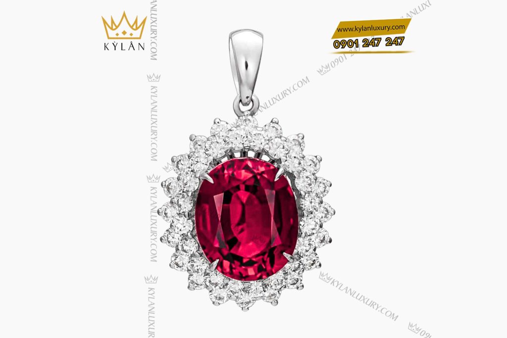 Mặt dây chuyền vàng trắng nguyên khối Au750 đính kim cương và đá ruby