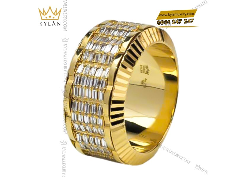 Nhẫn Rolex xoay vàng nguyên khối Au750 đính 5 hàng kim cương baguette