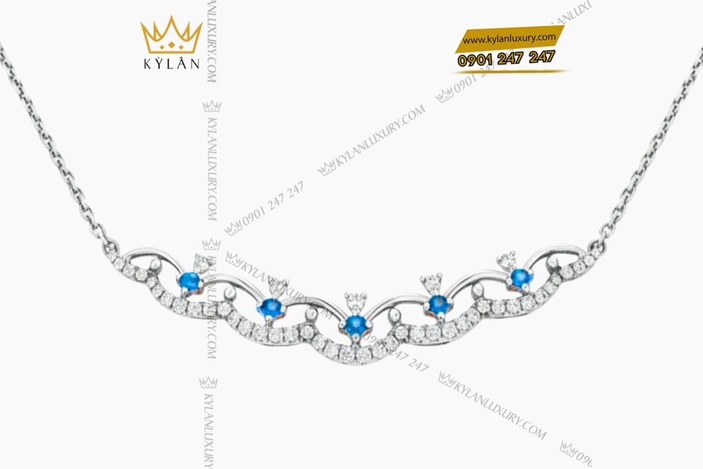 Dây chuyền vàng trắng nguyên khối Au750 đính kim cương và đá Topaz xanh