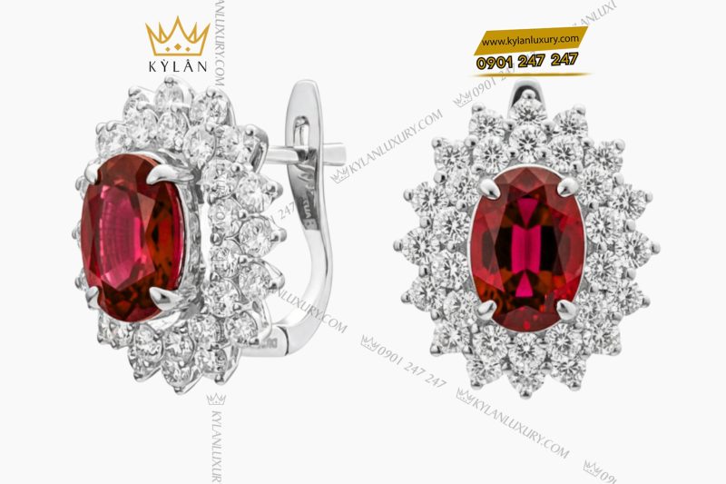 Bông tai vàng trắng Au750 đính kim cương và đá Ruby 