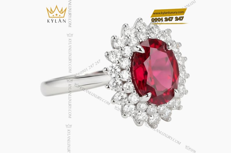 Nhẫn nữ vàng trắng nguyên khối Au750 đính kim cương và đá ruby