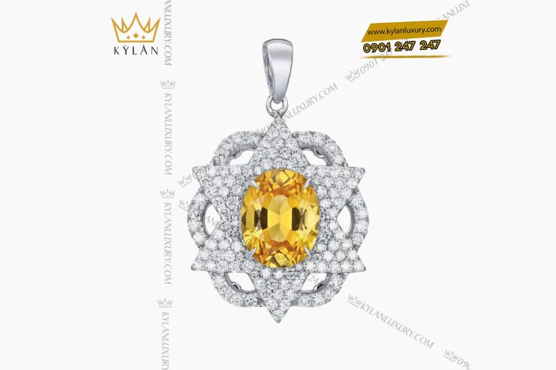 Mặt dây chuyền vàng trắng nguyên khối Au750 đính kim cương và đá Sapphire vàng