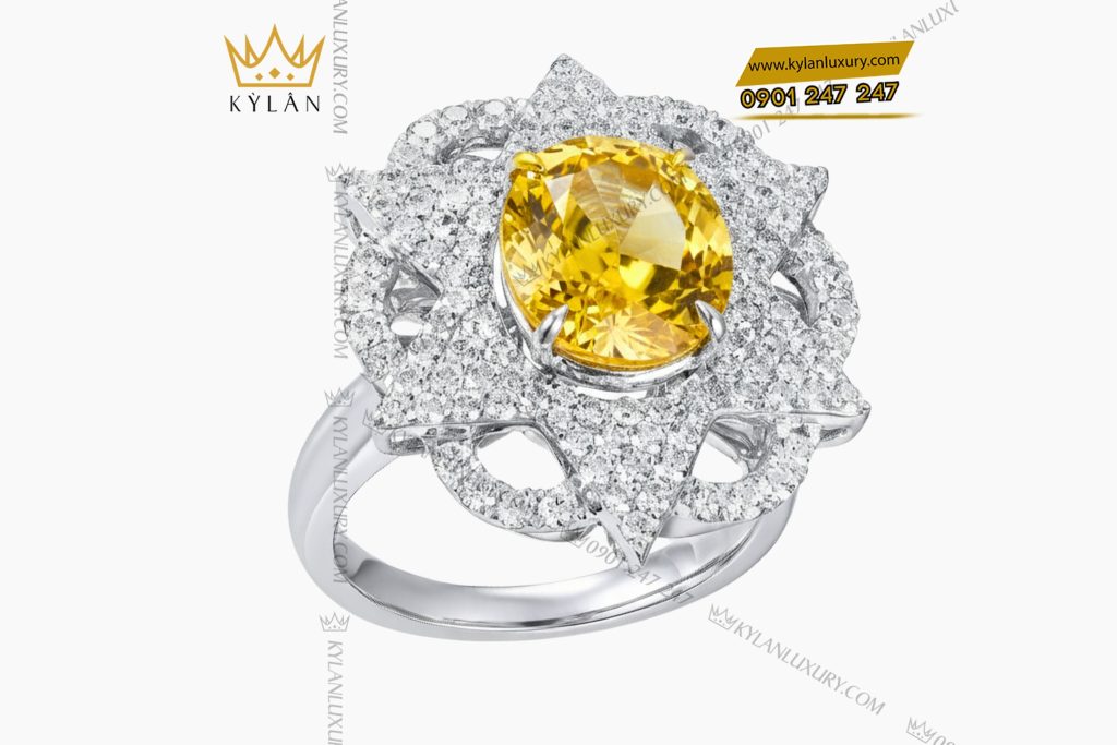 Kỳ Lân Luxury 3 40 Nhẫn nữ vàng trắng nguyên khối Au750 đính kim cương và đá Sapphire vàng