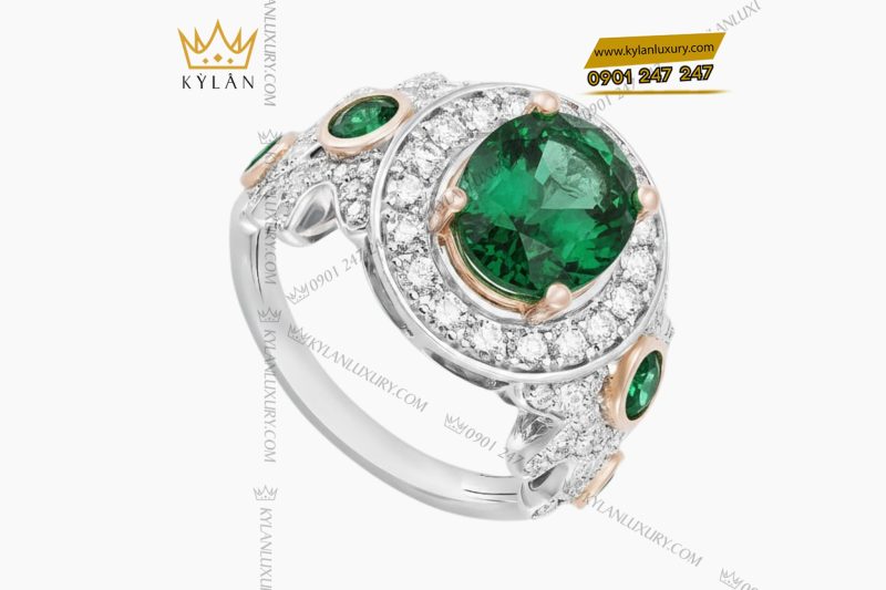 Nhẫn nữ vàng trắng Au750 đính kim cương và đá ngọc lục bảo