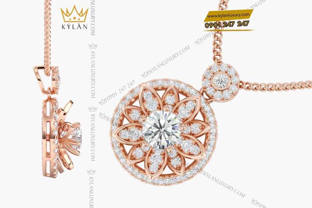 Mặt dây chuyền vàng hồng nguyên khối Au750 đính kim cương 