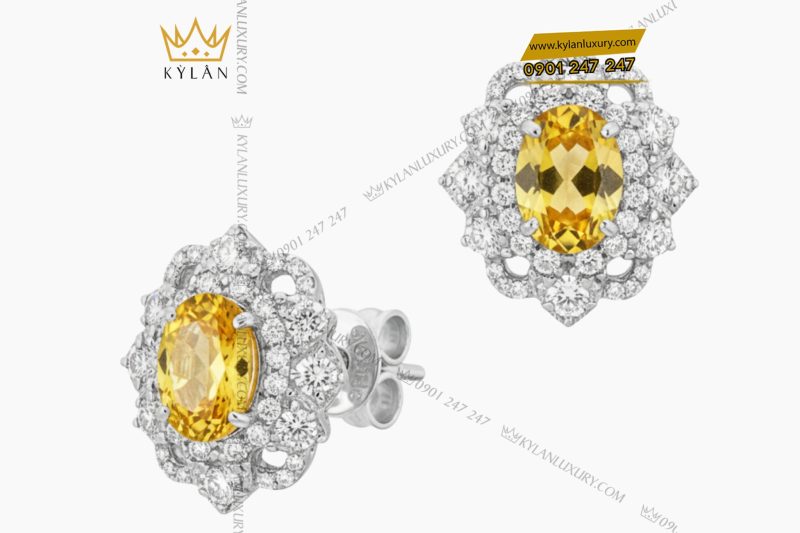 Bông tai vàng trắng Au750 đính kim cương và đá Sapphire vàng