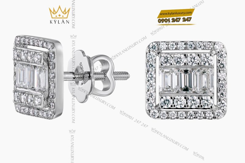Bông tai vàng trắng Au750 đính kim cương baguette