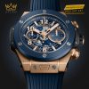Hublot Big Bang Unico King Gold Blue Ceramic 44mm – đồng hồ sang trọng với vỏ vàng King Gold 18K, vành ceramic xanh lam và mặt số skeleton mạnh mẽ.