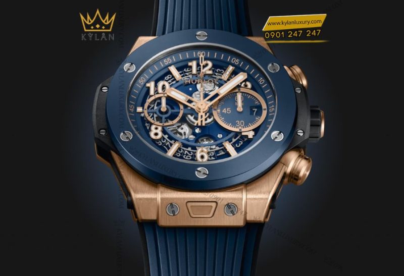 Hublot Big Bang Unico King Gold Blue Ceramic 44mm – đồng hồ sang trọng với vỏ vàng King Gold 18K, vành ceramic xanh lam và mặt số skeleton mạnh mẽ.