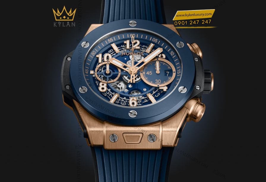 Hublot Big Bang Unico King Gold Blue Ceramic 44mm – đồng hồ sang trọng với vỏ vàng King Gold 18K, vành ceramic xanh lam và mặt số skeleton mạnh mẽ.