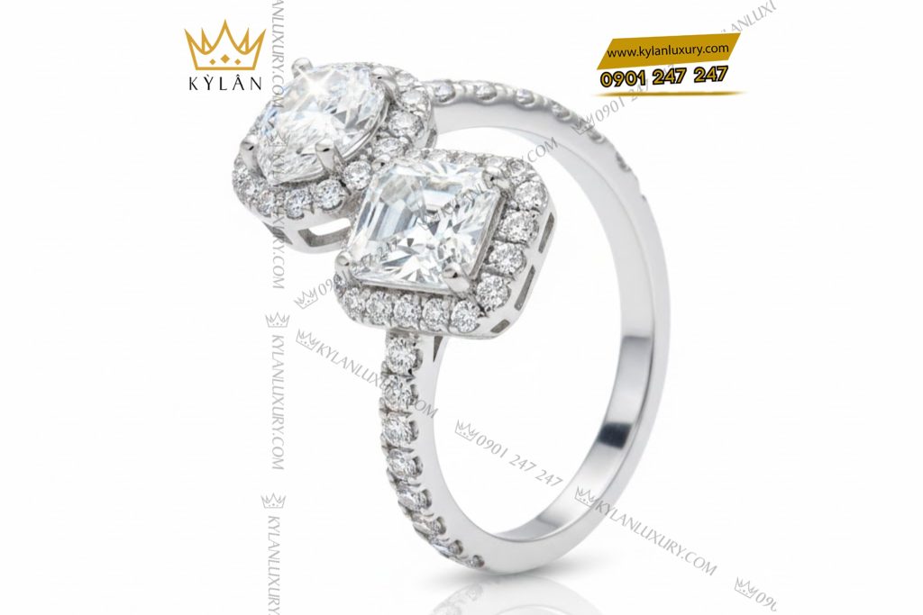 Kỳ Lân Luxury 3 61 Nhẫn nữ vàng trắng nguyên khối Au750 đính hai viên chủ kim cương