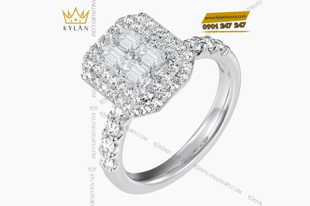 Kỳ Lân Luxury 3 65 Nhẫn vàng trắng nguyên khối Au750 đính kim cương baguette