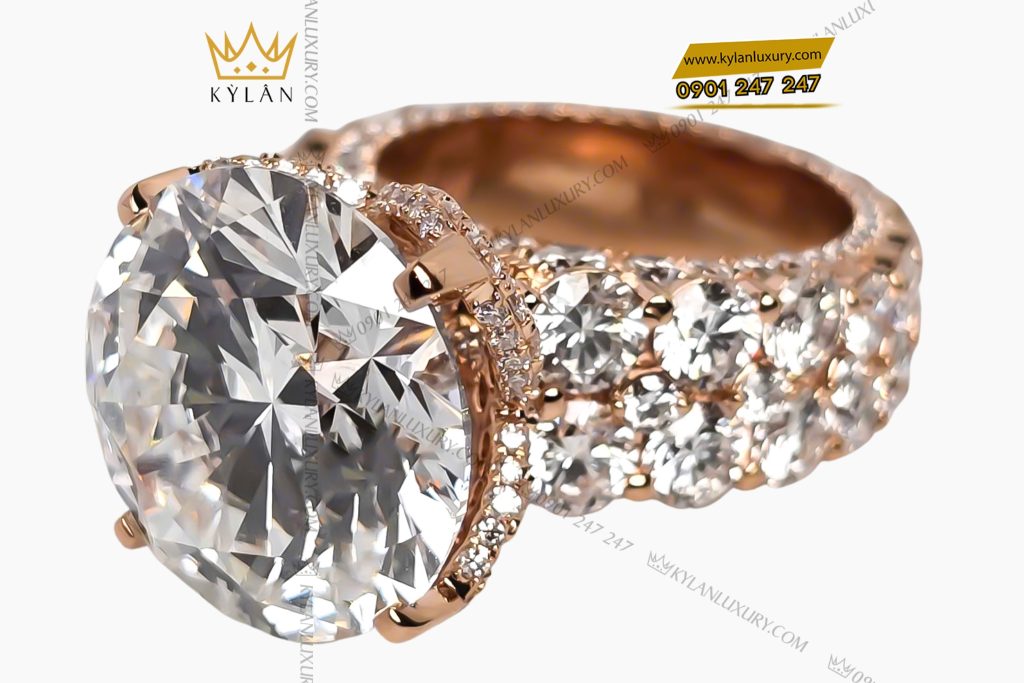 Kỳ Lân Luxury 3 86 Nhẫn nữ vàng hồng nguyên khối Au750 đính viên kim cương chủ 15ly