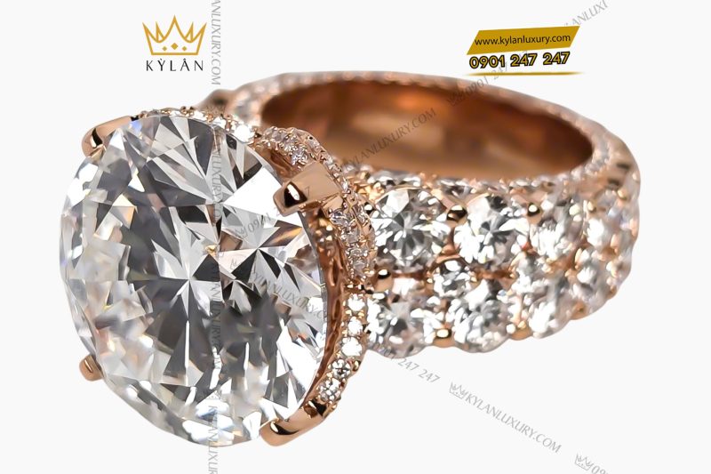 Nhẫn nữ vàng hồng nguyên khối Au750 đính viên kim cương chủ 15ly