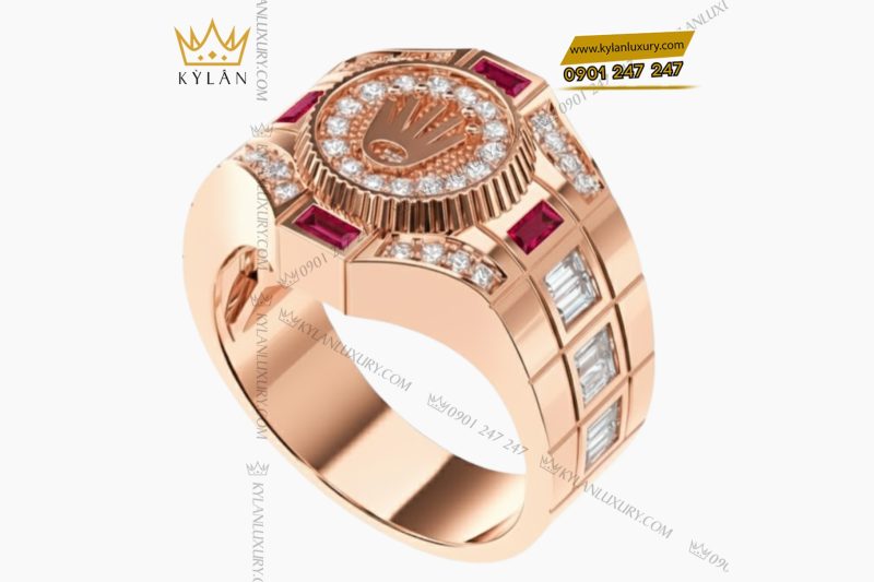Nhẫn Rolex vàng hồng nguyên khối Au750 đính kim cương và đá ruby đỏ