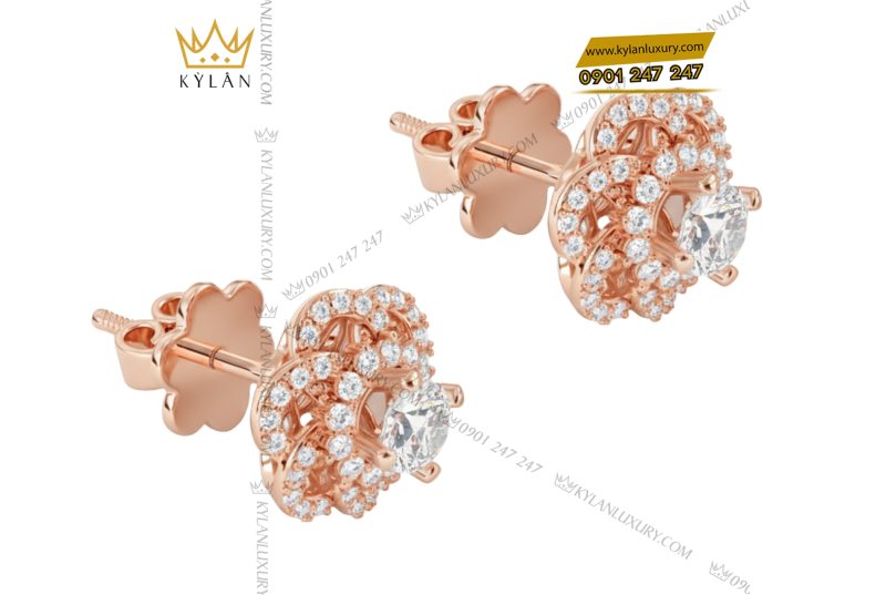 Bông tai nữ vàng hồng nguyên khối Au750 đính kim cương