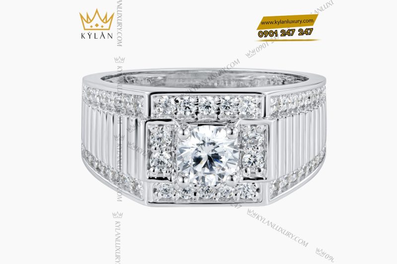 Nhẫn nam vàng trắng Au750 đính kim cương