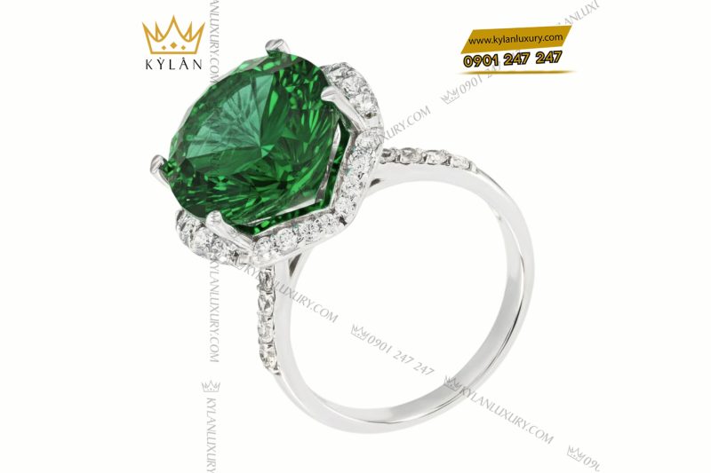 Nhẫn vàng trắng Au750 đính kim cương và đá ngọc lục bảo