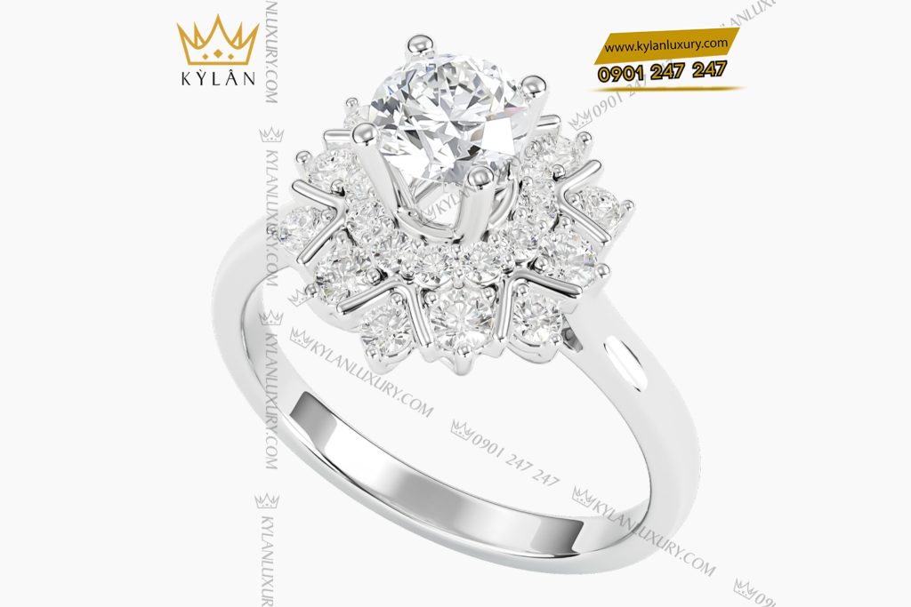 Nhẫn nữ kim cương vàng trắng nguyên khối Au750 