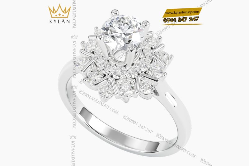 Nhẫn nữ kim cương vàng trắng nguyên khối Au750 