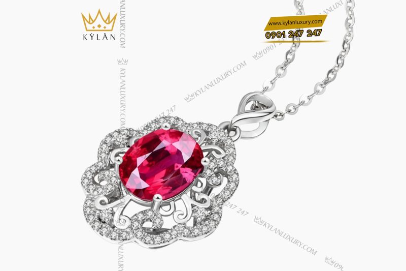 Mặt dây chuyền vàng trắng nguyên khối Au750 đính kim cương và đá ruby