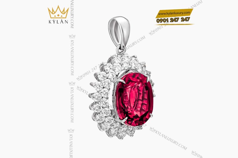 Mặt dây chuyền vàng trắng nguyên khối Au750 đính kim cương và đá ruby