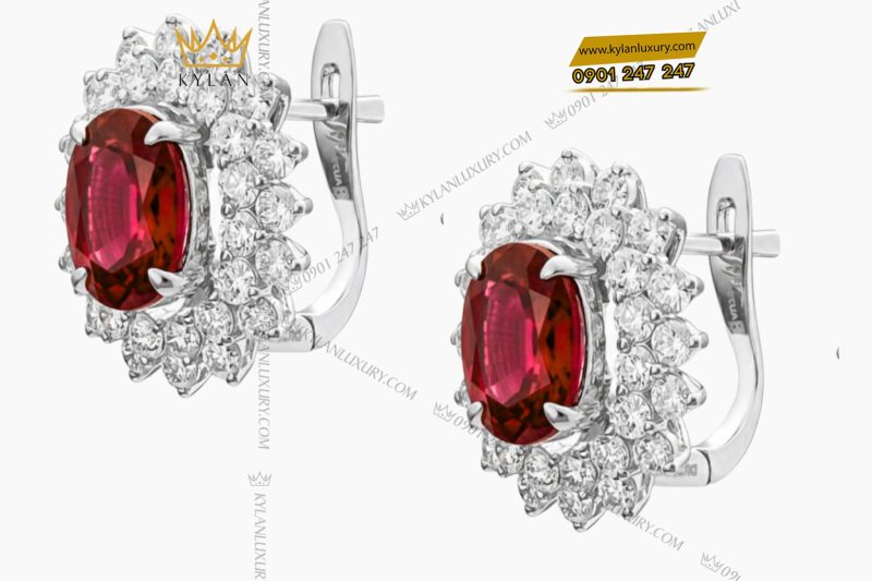 Bông tai vàng trắng Au750 đính kim cương và đá Ruby 