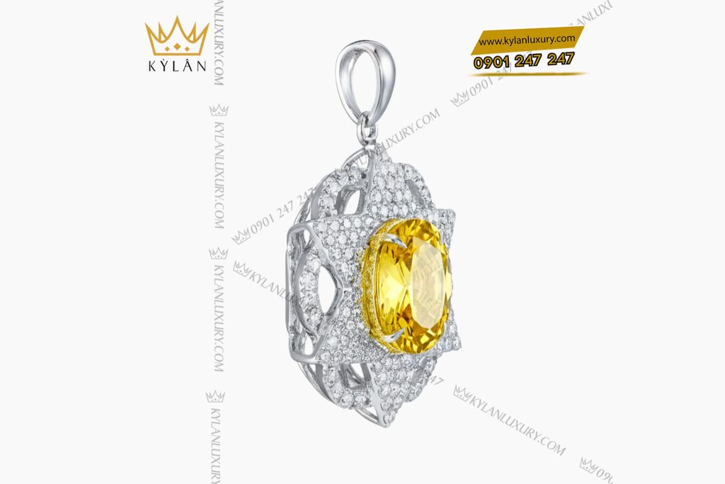 Mặt dây chuyền vàng trắng nguyên khối Au750 đính kim cương và đá Sapphire vàng