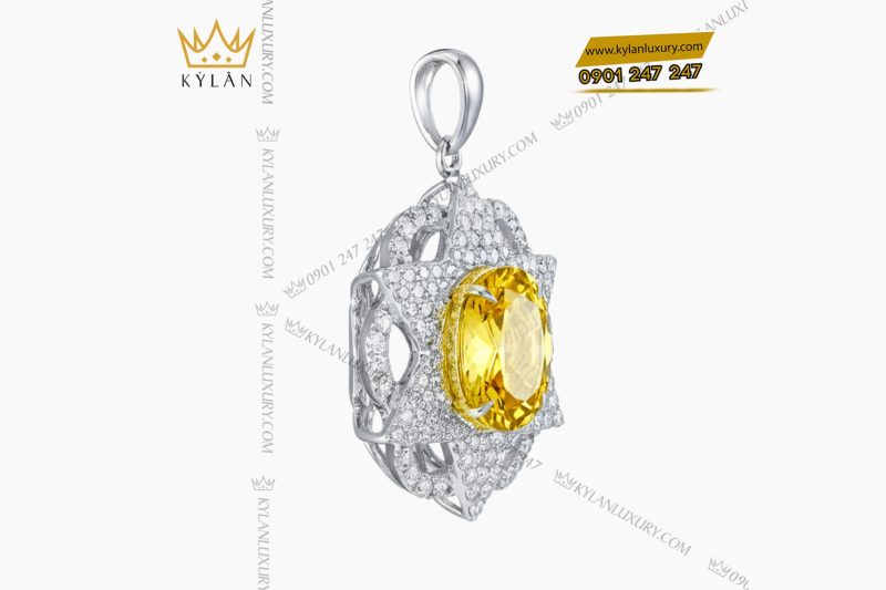 Mặt dây chuyền vàng trắng nguyên khối Au750 đính kim cương và đá Sapphire vàng