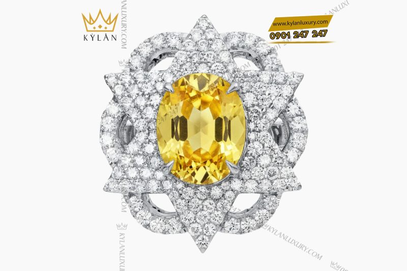 Nhẫn nữ vàng trắng nguyên khối Au750 đính kim cương và đá Sapphire vàng