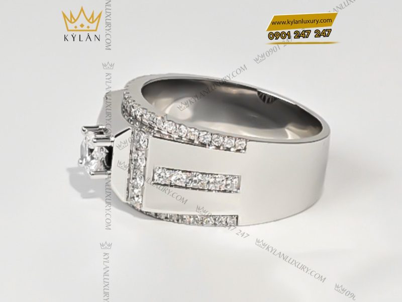 Nhẫn vàng trắng nguyên khối Au750 đính kim cương chủ 5ly4