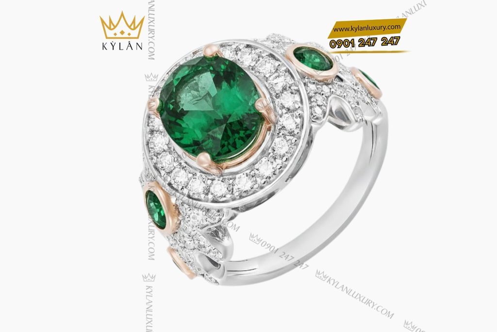 Kỳ Lân Luxury 4 44 Nhẫn nữ vàng trắng Au750 đính kim cương và đá ngọc lục bảo
