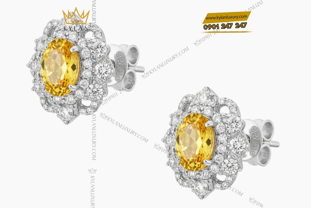 Bông tai vàng trắng Au750 đính kim cương và đá Sapphire vàng 3 Bông tai vàng trắng nguyên khối Au750 đính kim cương và đá Sapphire vàng