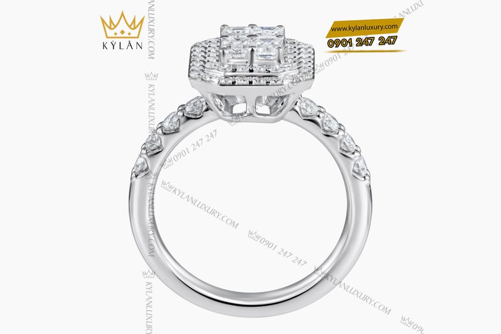 Kỳ Lân Luxury 4 62 Nhẫn vàng trắng nguyên khối Au750 đính kim cương baguette